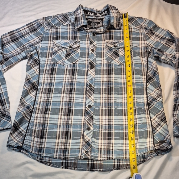 Buckle Black, Long Sleeve Black Label  Blue and Black Plaid Snap Down Mens Shirt - Picture 3 of 16